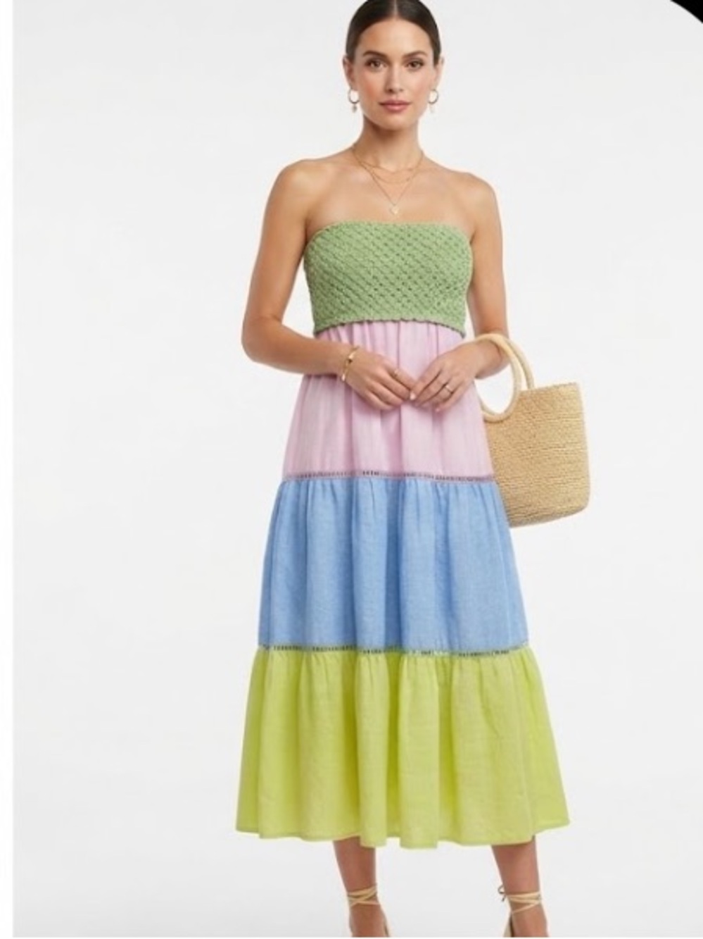 Oliphant Linen Color Block Smocked Strapless Midi Dress Convertable Skirt Small